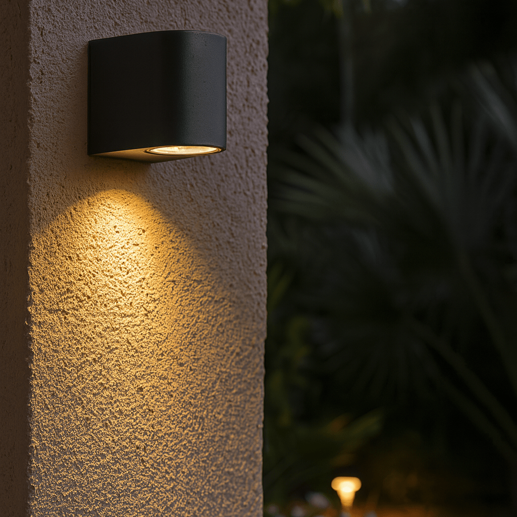 Matt black LED outdoor wall light mounted on a textured wall, casting warm light, surrounded by greenery.