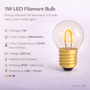 Close-up of a 1W amber LED filament bulb with visible filament and gold base on a soft background.