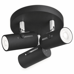 Three light matt black ceiling spotlight on a white background