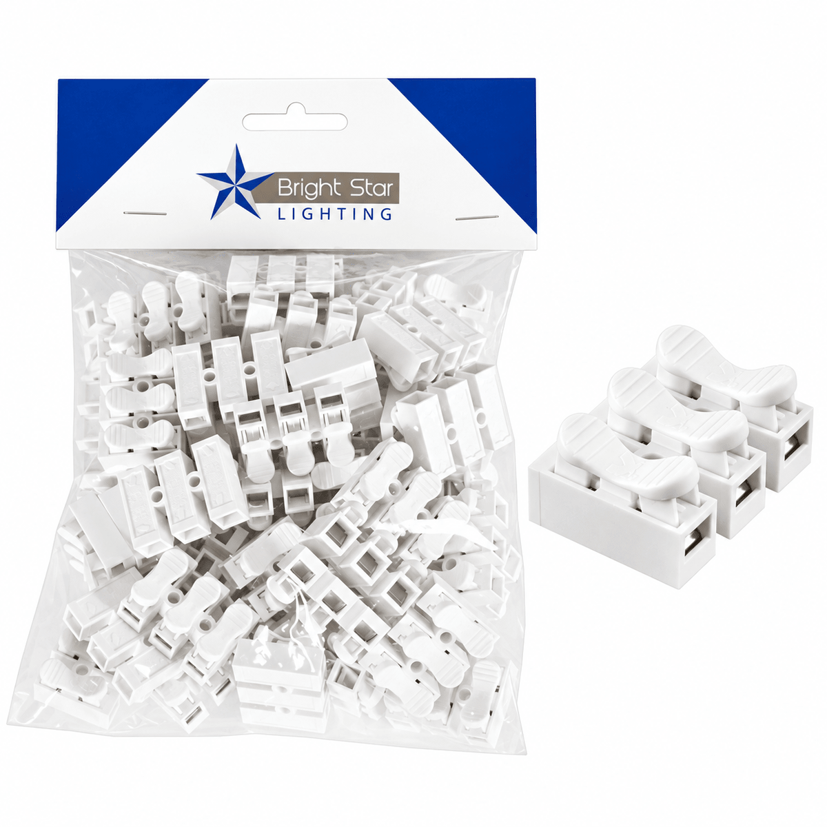 50 pack of 3 pole cable quick connectors on white background