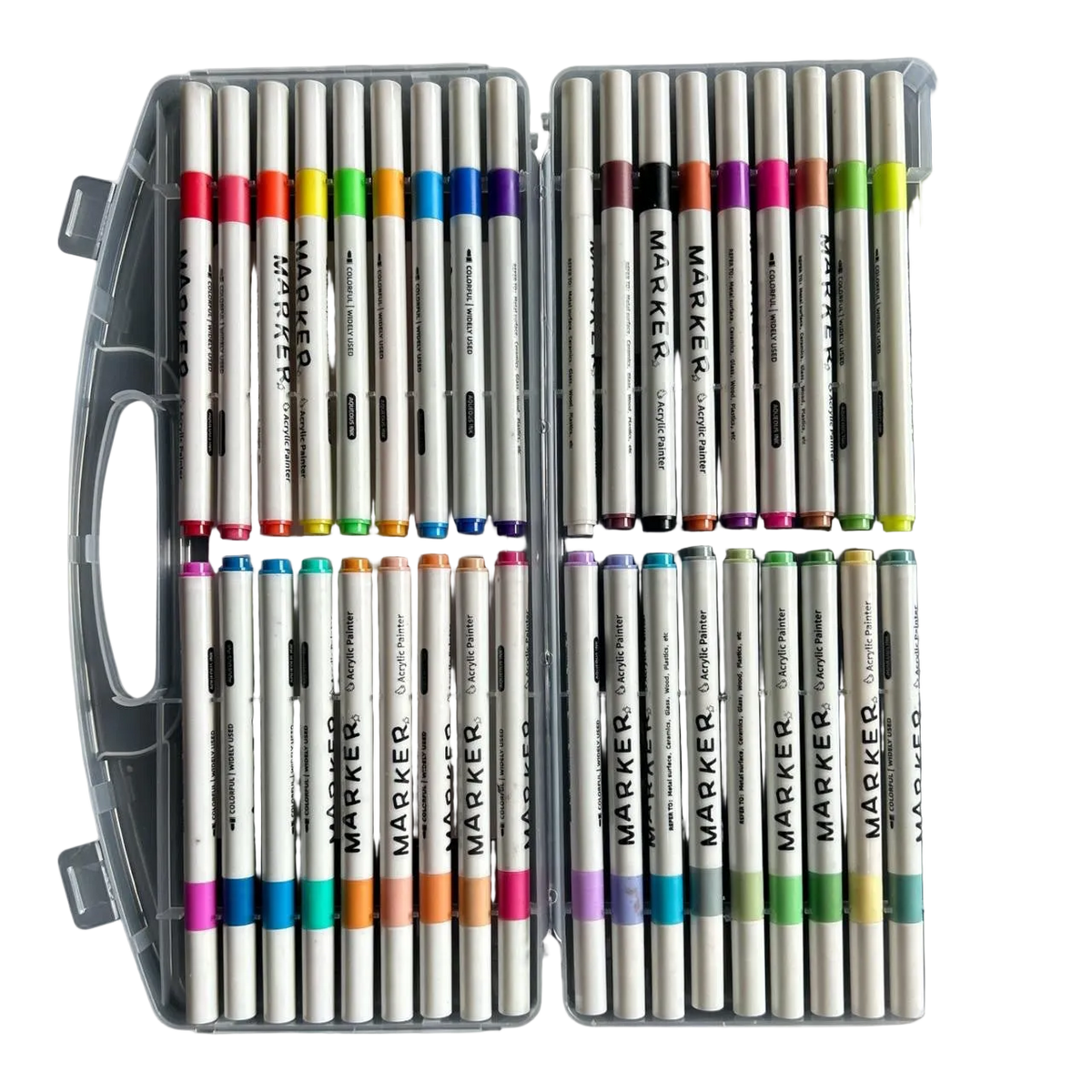 A clear plastic case holds 36 acrylic markers in various colors, arranged in two rows with a handle on the side.