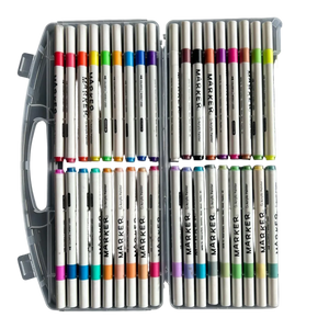 A clear plastic case holds 36 acrylic markers in various colors, arranged in two rows with a handle on the side.