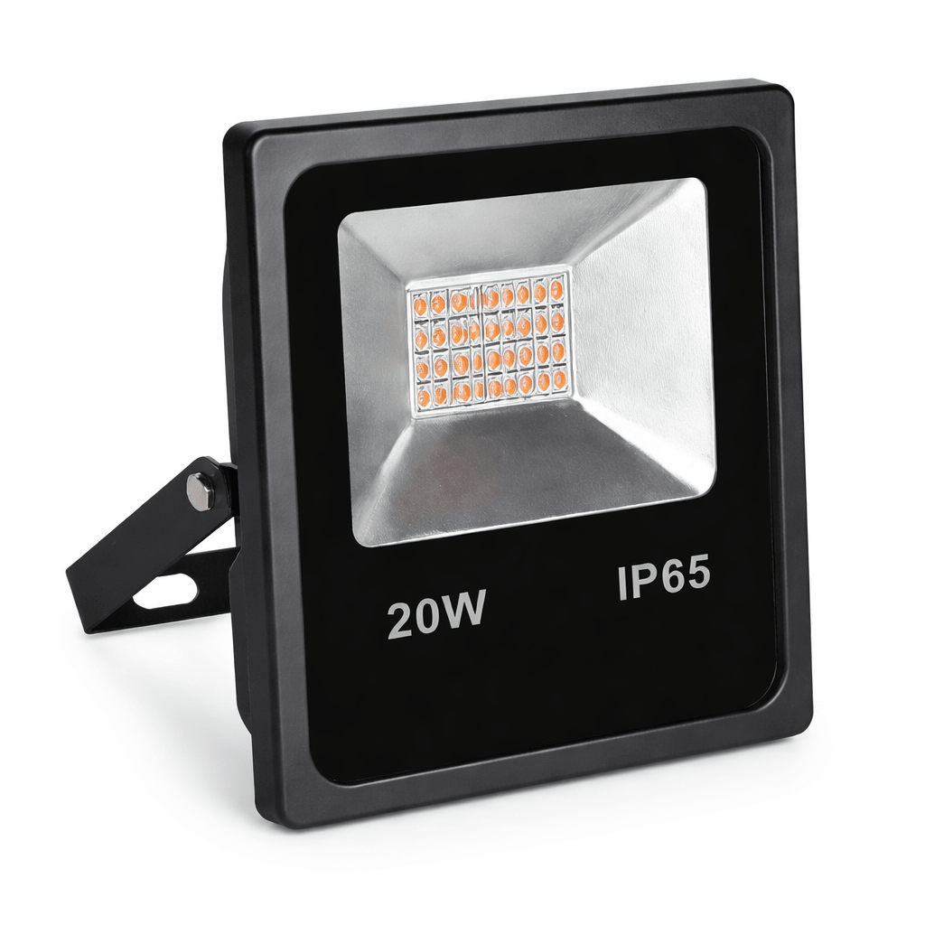 Black LED grow flood light with 20W and IP65 rating on a white background