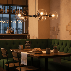 Stylish pendant light with five exposed bulbs hangs over a cozy dining table set with bread and drinks.