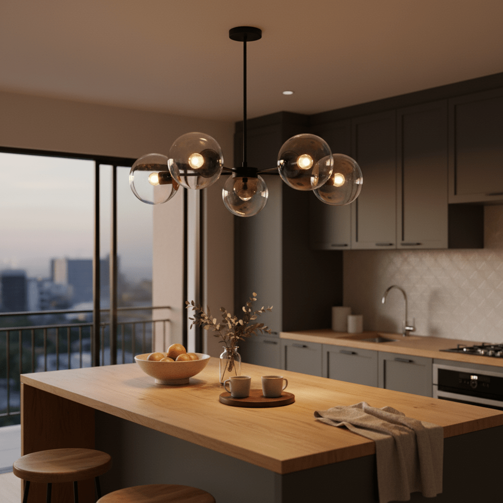 5-light pendant with clear glass shades hanging over a wooden kitchen island, featuring a bowl of fruit and two cups.