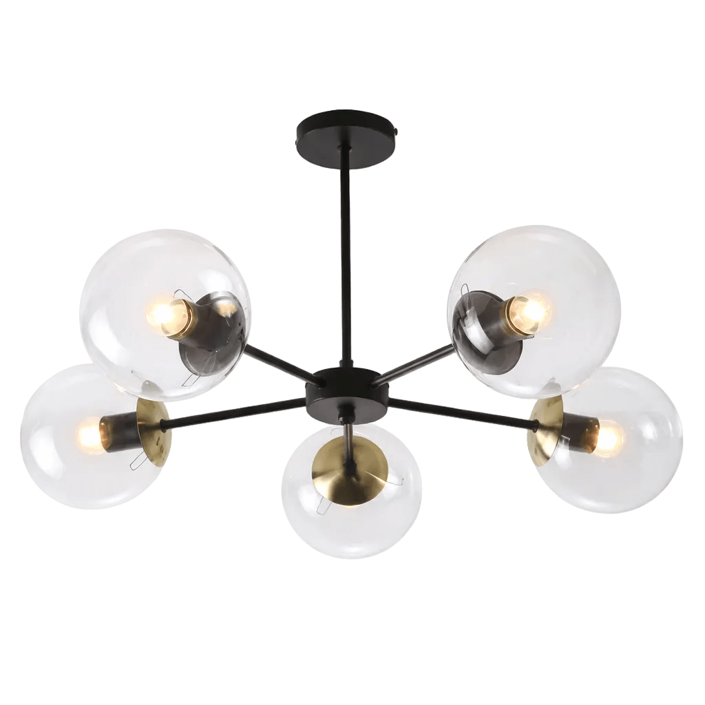 Five-light pendant featuring a black metal frame with antique brass accents and clear glass globes.