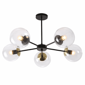 5-light pendant featuring a black frame with antique brass accents and clear glass shades, showcasing exposed bulbs.