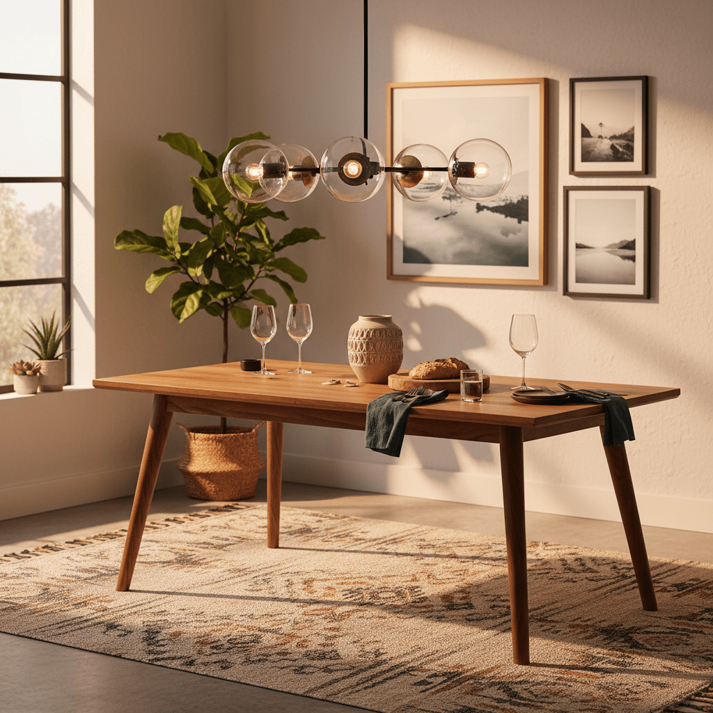 Stylish dining setup featuring a 5-light pendant over a wooden table with decor and plants.
