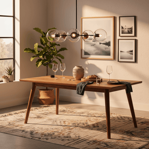 Stylish dining setup featuring a 5-light pendant over a wooden table with decor and plants.