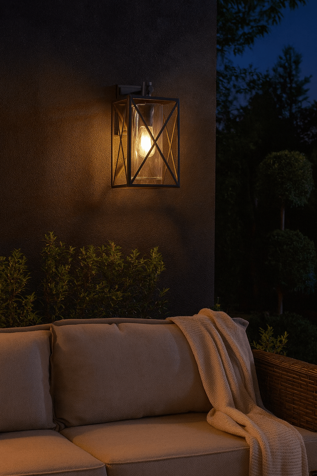 Illuminated black metal lantern with textured glass on a dark wall above a patio sofa at night
