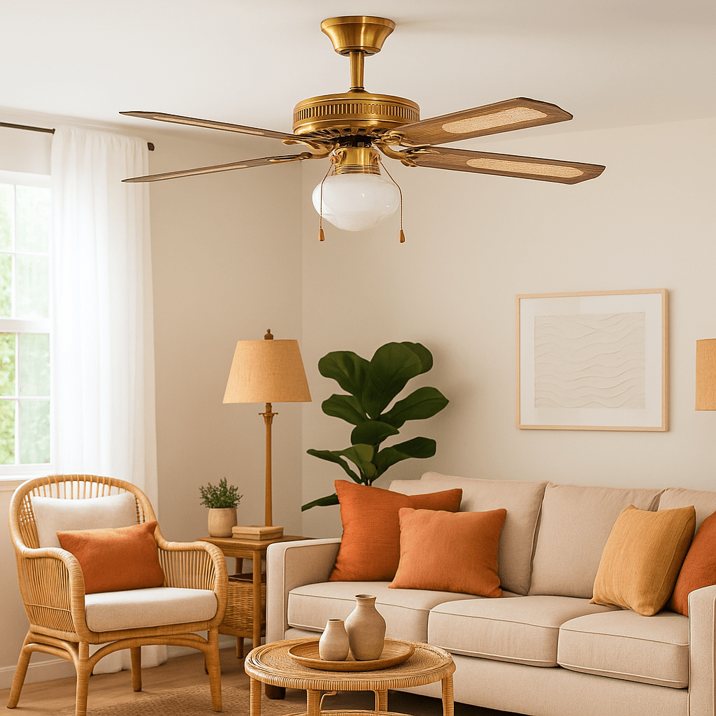 Rattan Ceiling Fan with 1 Light Antique Brass