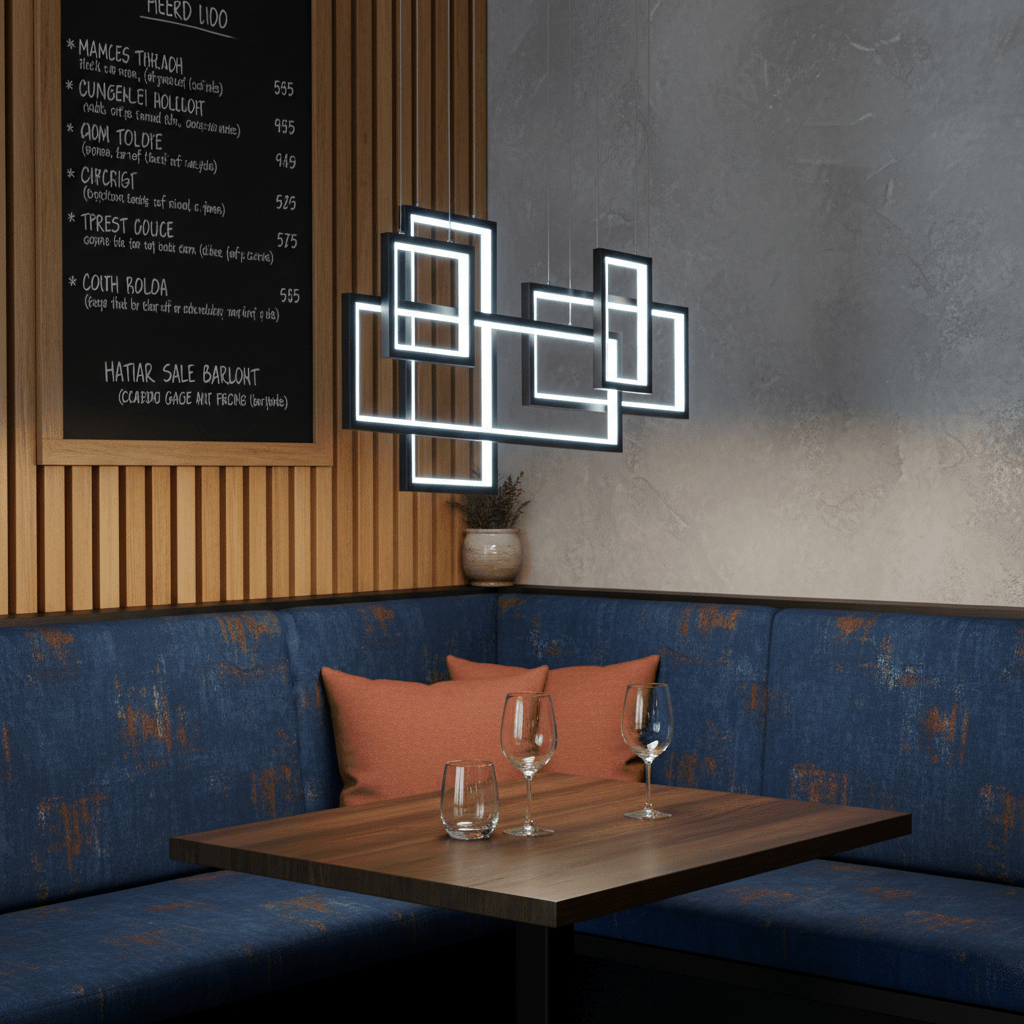 Modern LED pendant light with geometric design above a dining table in a cozy restaurant setting.