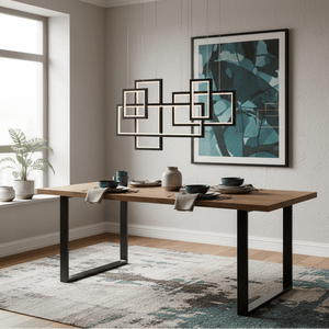 Modern dining room with geometric LED pendant light over a wooden table set for four.