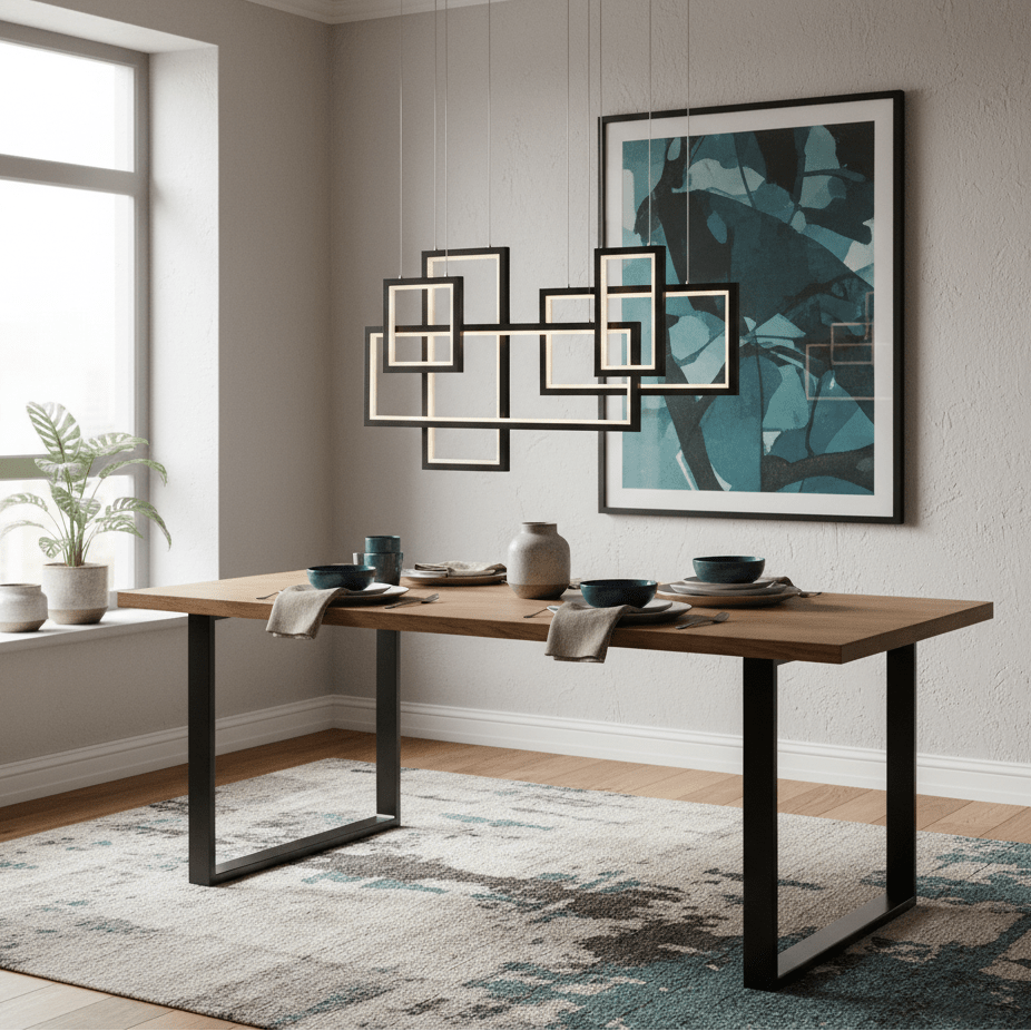 Modern dining room with geometric LED pendant light over a wooden table set for four.