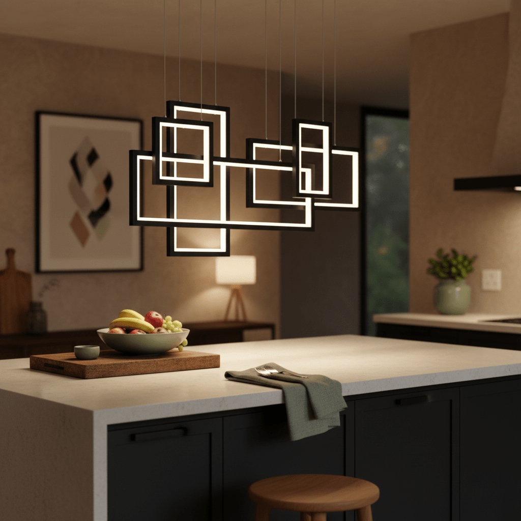 Modern LED pendant light with geometric design above a kitchen island with fruit bowl.
