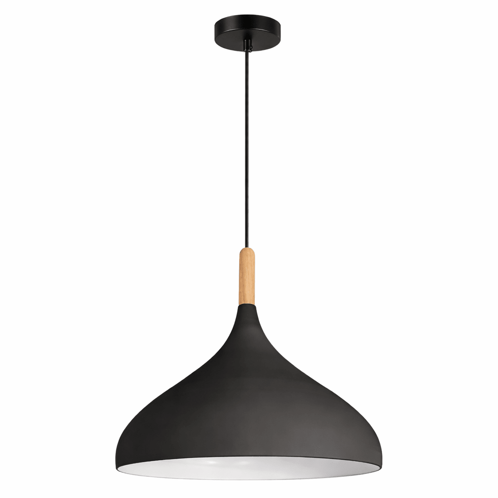 Black pendant lamp with wooden accent on a white background
