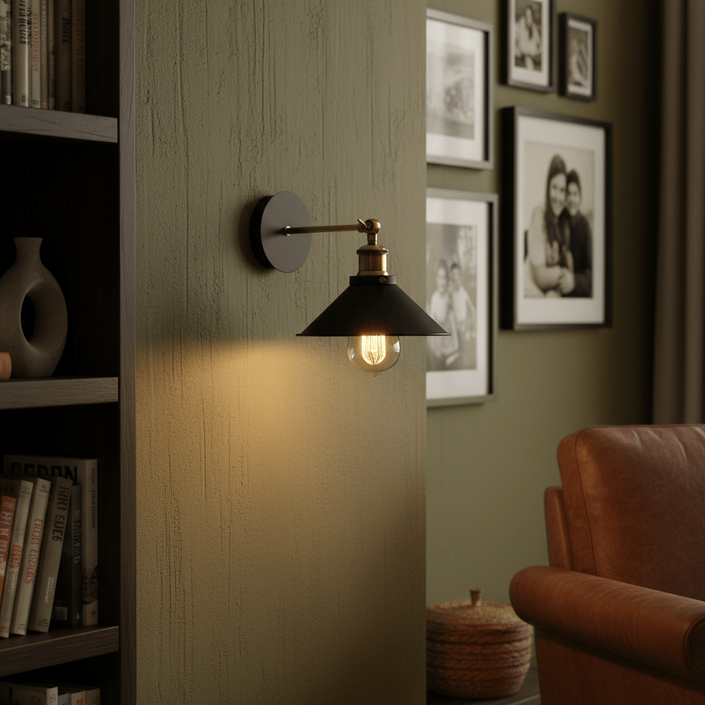 Rustic black wall light mounted on a textured green wall, illuminating a cozy reading nook.