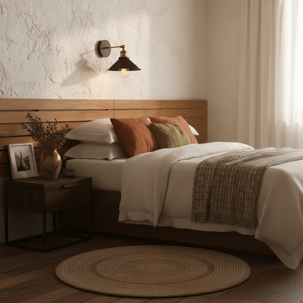 Rustic black wall light mounted beside a cozy bed with wooden headboard and decorative pillows.