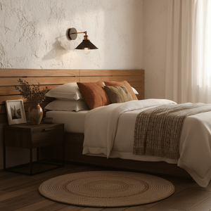 Rustic black wall light mounted beside a cozy bed with wooden headboard and decorative pillows.