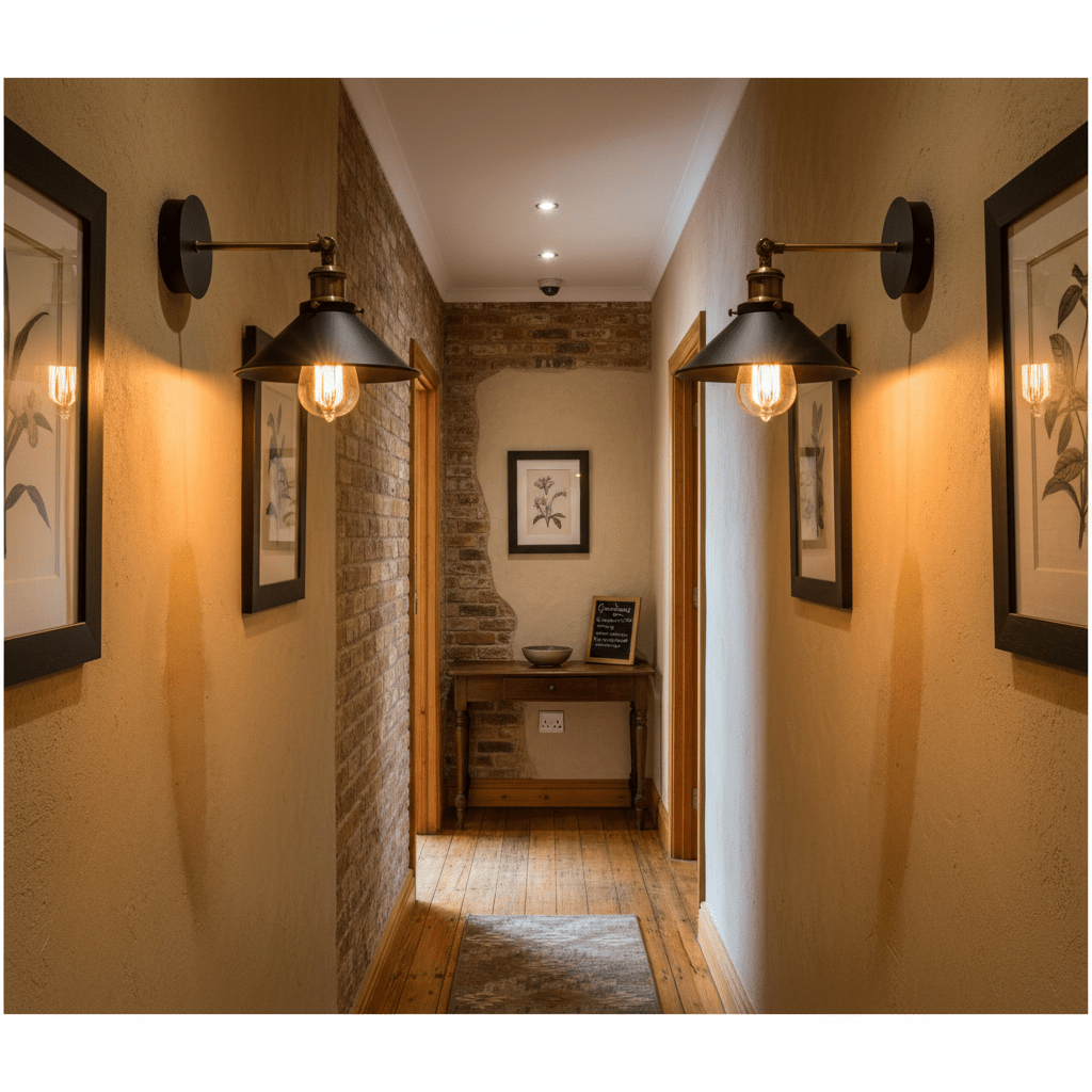 Rustic black wall light mounted in a hallway, illuminating framed artwork and a wooden table.
