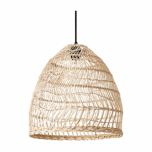 Woven rattan pendant light with a natural finish, showcasing a textured design and black suspension cord.