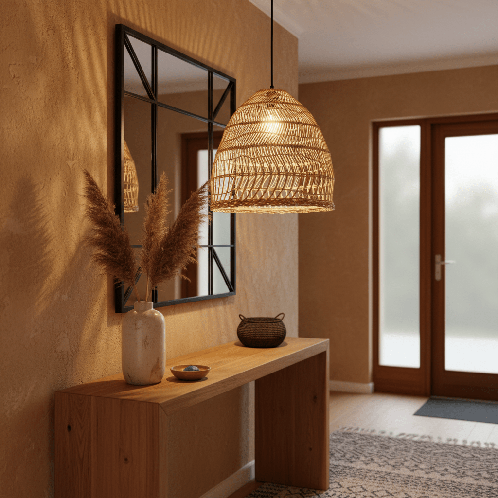 Woven rattan pendant light hanging above a wooden console table with decorative items and a mirror.