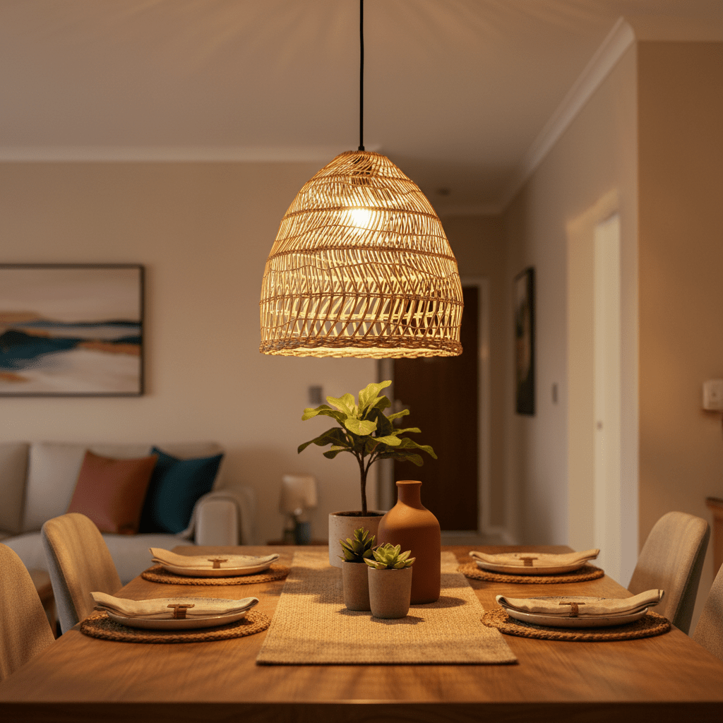 Woven rattan pendant light hanging above a dining table set with plates and decorative plants.