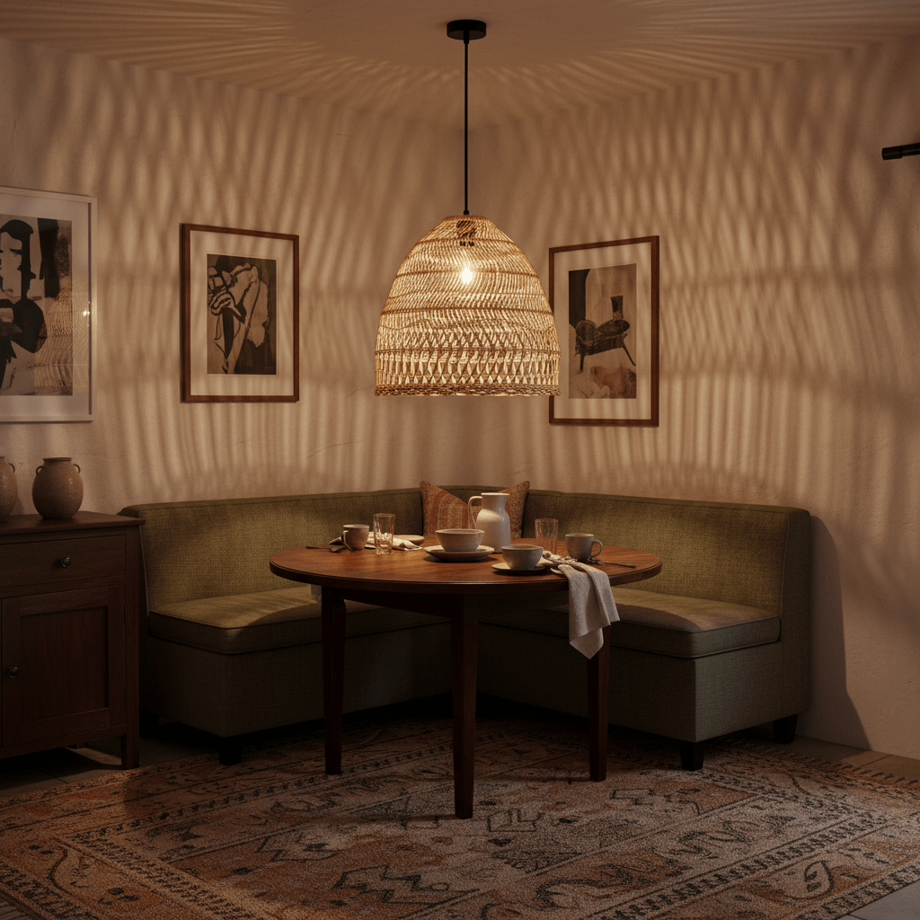 Woven rattan pendant light illuminating a cozy dining nook with a round table and green seating.