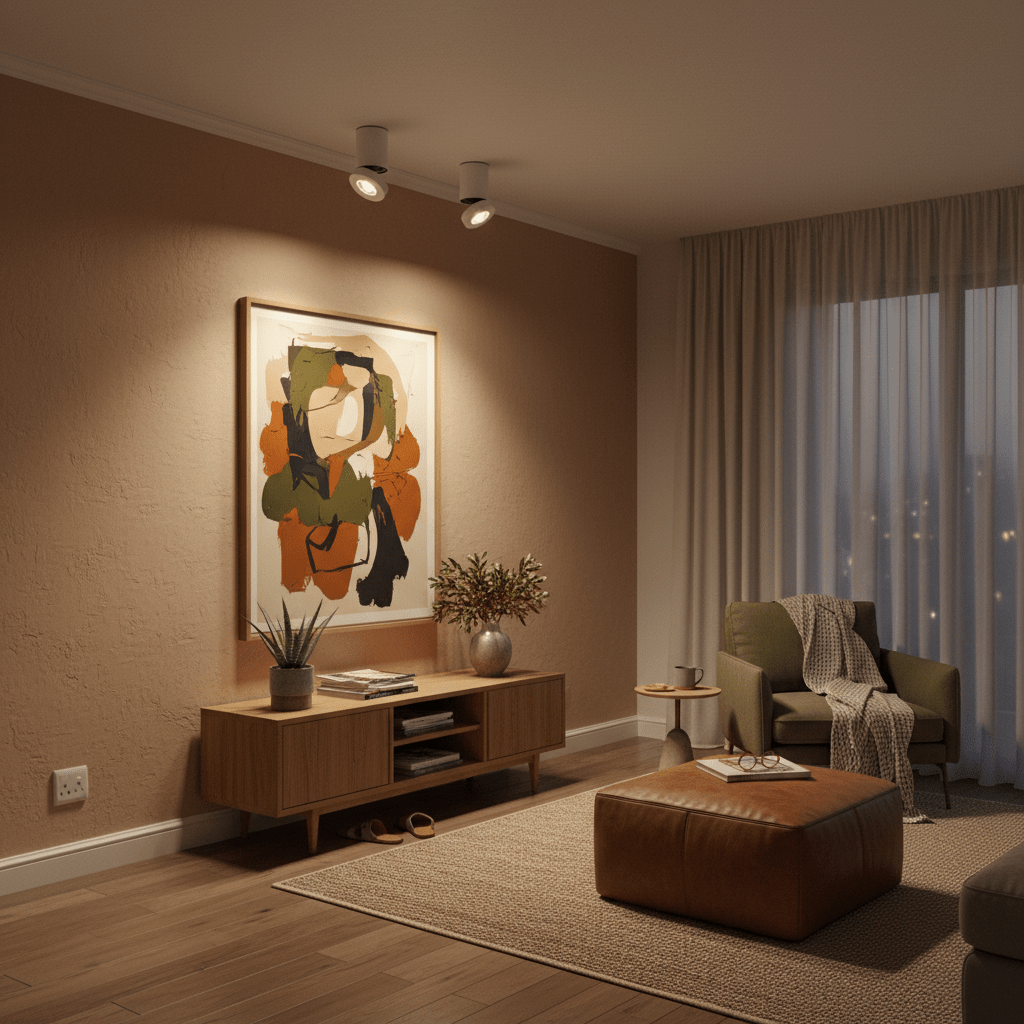 Modern living room with a brown wall, a sofa, a coffee table, and decorative items.
