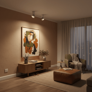 Modern living room with a brown wall, a sofa, a coffee table, and decorative items.