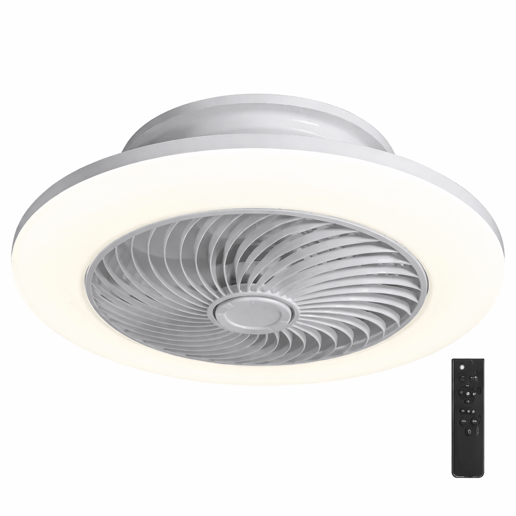 Ceiling fan with light fixture and remote control on a white background