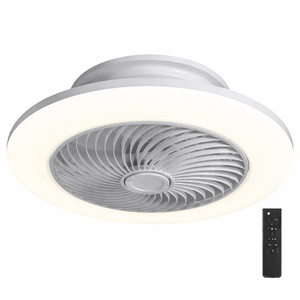 Ceiling fan with light fixture and remote control on a white background
