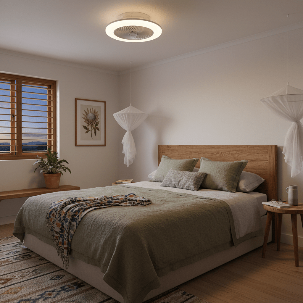 A cozy bedroom featuring a stylish LED ceiling fan above a neatly made bed with green linens and decorative pillows.