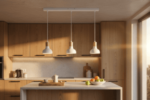 Three white pendant lights with wood accents hang above a kitchen island, illuminating a bowl of fruit.