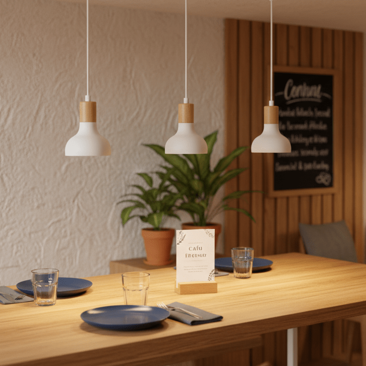 Three white pendant lights with wood accents hang above a wooden dining table set with plates and glasses.
