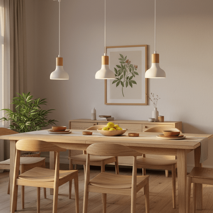 Three white pendant lights with wood accents hang above a wooden dining table set with a bowl of lemons.