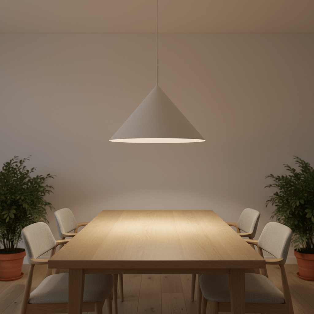 Pendant light colour temperature guide for Cape Town interiors, warm white pendant light over dining table, soft 3000K ambience, realistic 800x800 composition with charcoal, brass and oak accents