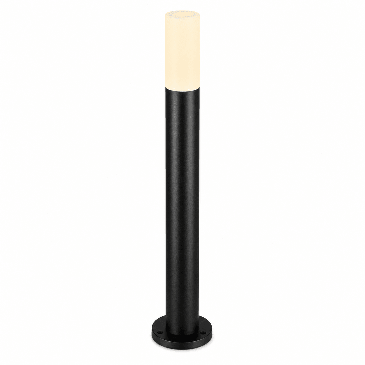 Obelisk Outdoor Bollard with a sleek black design and a light top, ideal for modern outdoor spaces.