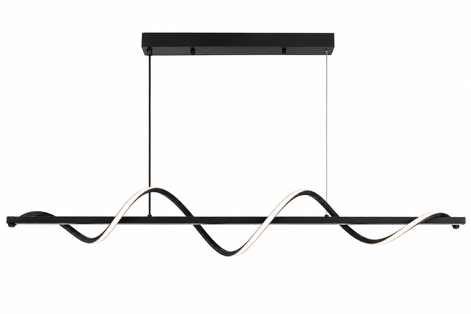 Sleek black linear LED pendant light with a wave design, ideal for modern dining or office spaces.