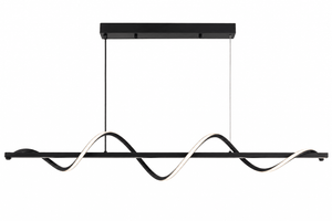 Sleek black linear LED pendant light with a wave design, ideal for modern dining or office spaces.