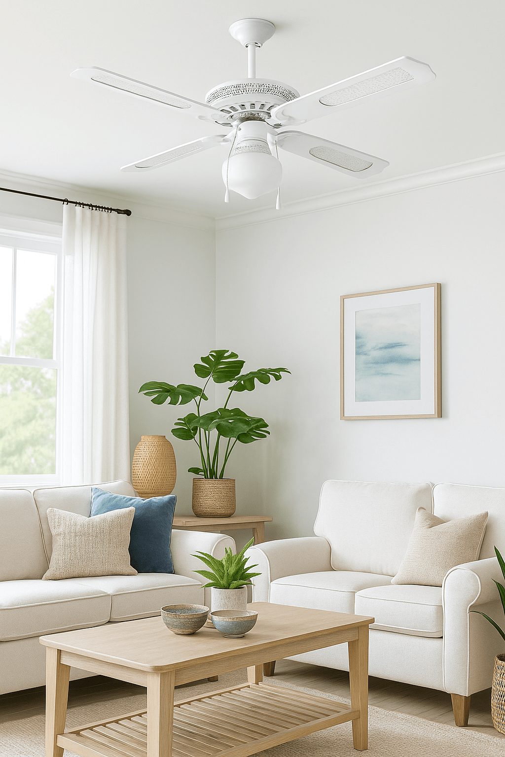 White Rattan Ceiling Fan with Light