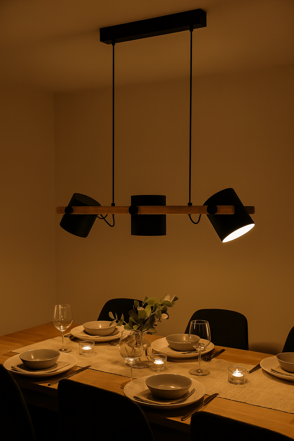 Dining table set with plates, glasses, and a vase under a modern pendant light.