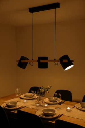 Dining table set with plates, glasses, and a vase under a modern pendant light.