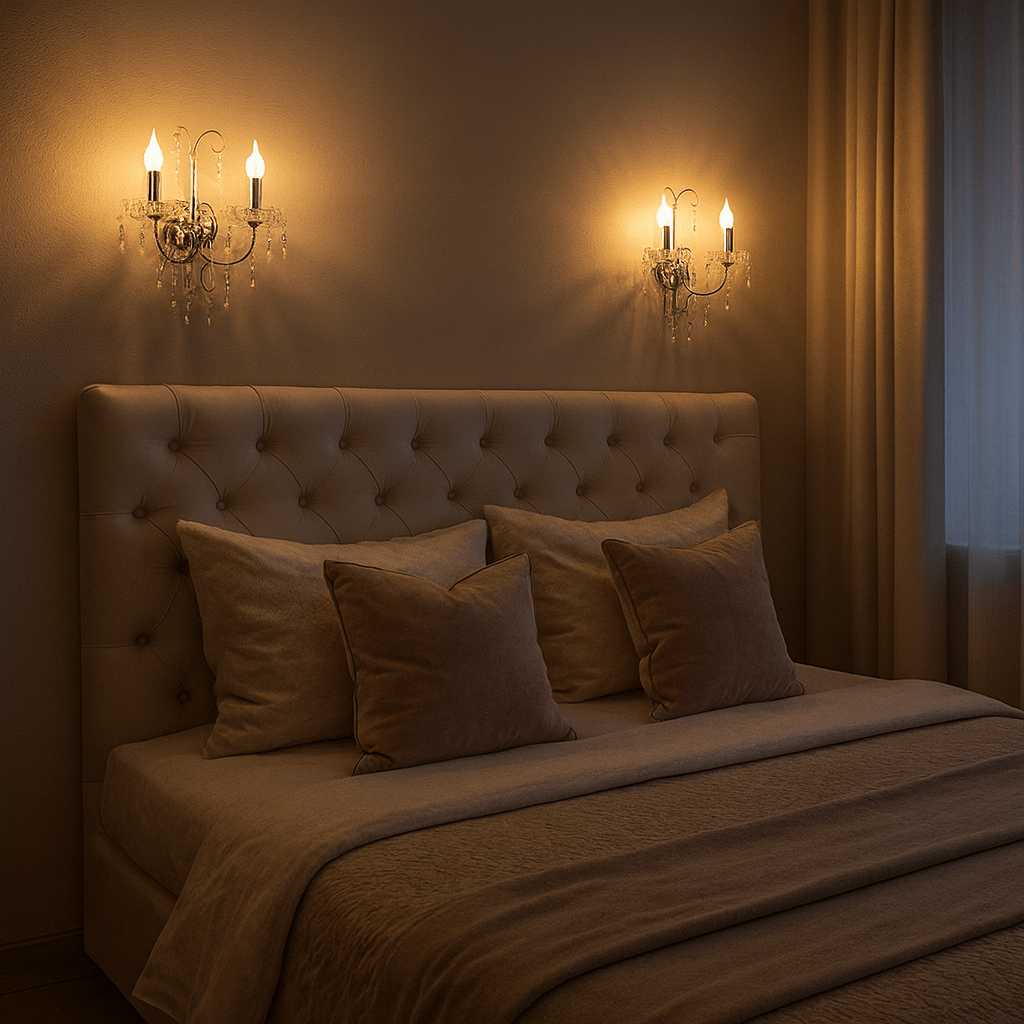 Elegant bedroom scene featuring two ornate polished chrome wall lights with crystal embellishments, illuminating a tufted