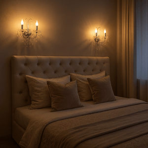 Elegant bedroom scene featuring two ornate polished chrome wall lights with crystal embellishments, illuminating a tufted
