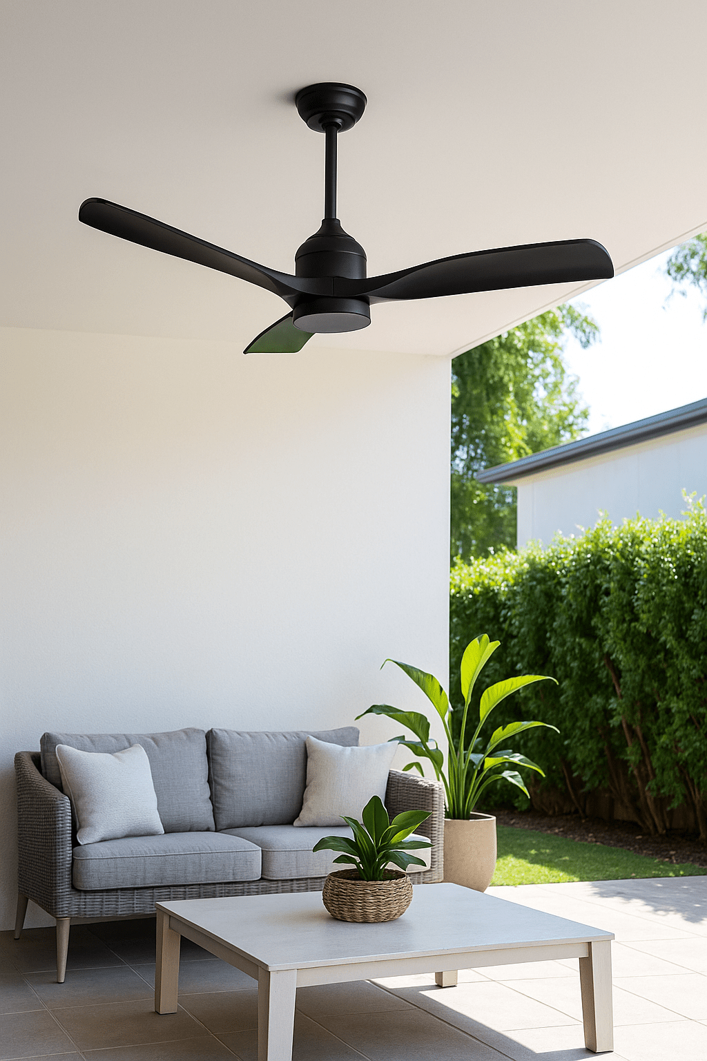 Black ceiling fan in a modern outdoor living space with a gray sofa, white coffee table, and potted plants.