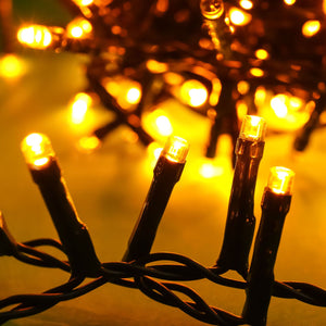 Close-up of string lights with a warm glow on a blurred background
