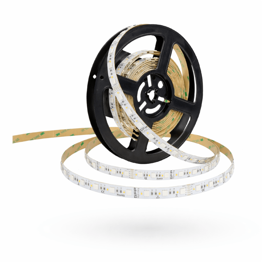 RGB and warm white 24V LED strip light on a reel with adhesive backing