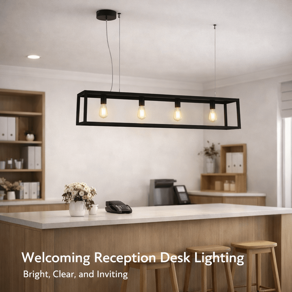 Modern office reception area with a black pendant light fixture.