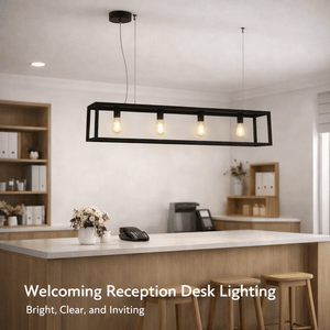 Modern office reception area with a black pendant light fixture.